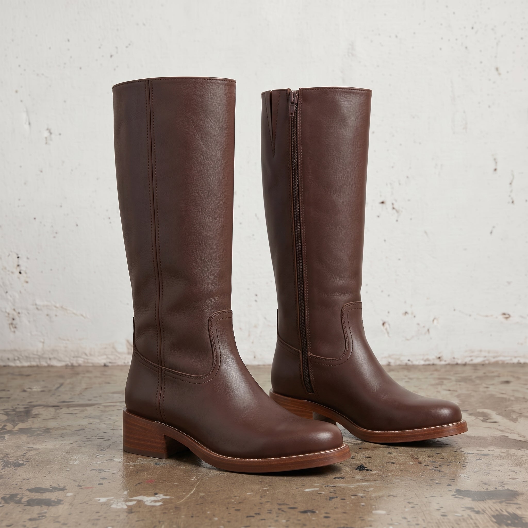 Women's Brown Plain-Toe Leather Knee-High Riding Boots — Allard