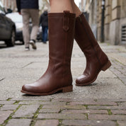 Women's Brown Plain-Toe Leather Knee-High Western Boots — Glossop
