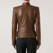 Women's Brown Quilted Leather Asymmetric Zip Biker Jacket — Padley