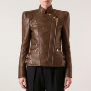 Women's Brown Quilted Leather Asymmetric Zip Biker Jacket — Padley