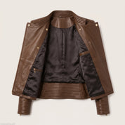 Women's Brown Quilted Leather Asymmetric Zip Biker Jacket — Padley