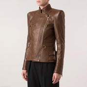 Women's Brown Quilted Leather Asymmetric Zip Biker Jacket — Padley