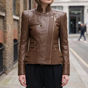 Women's Brown Quilted Leather Asymmetric Zip Biker Jacket — Padley