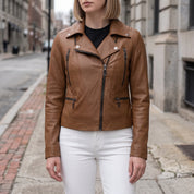 Women's Brown Quilted Leather Biker Jacket — Colgrave