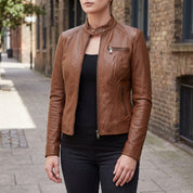 Women's Brown Leather Cafe Racer Jacket — Clawson