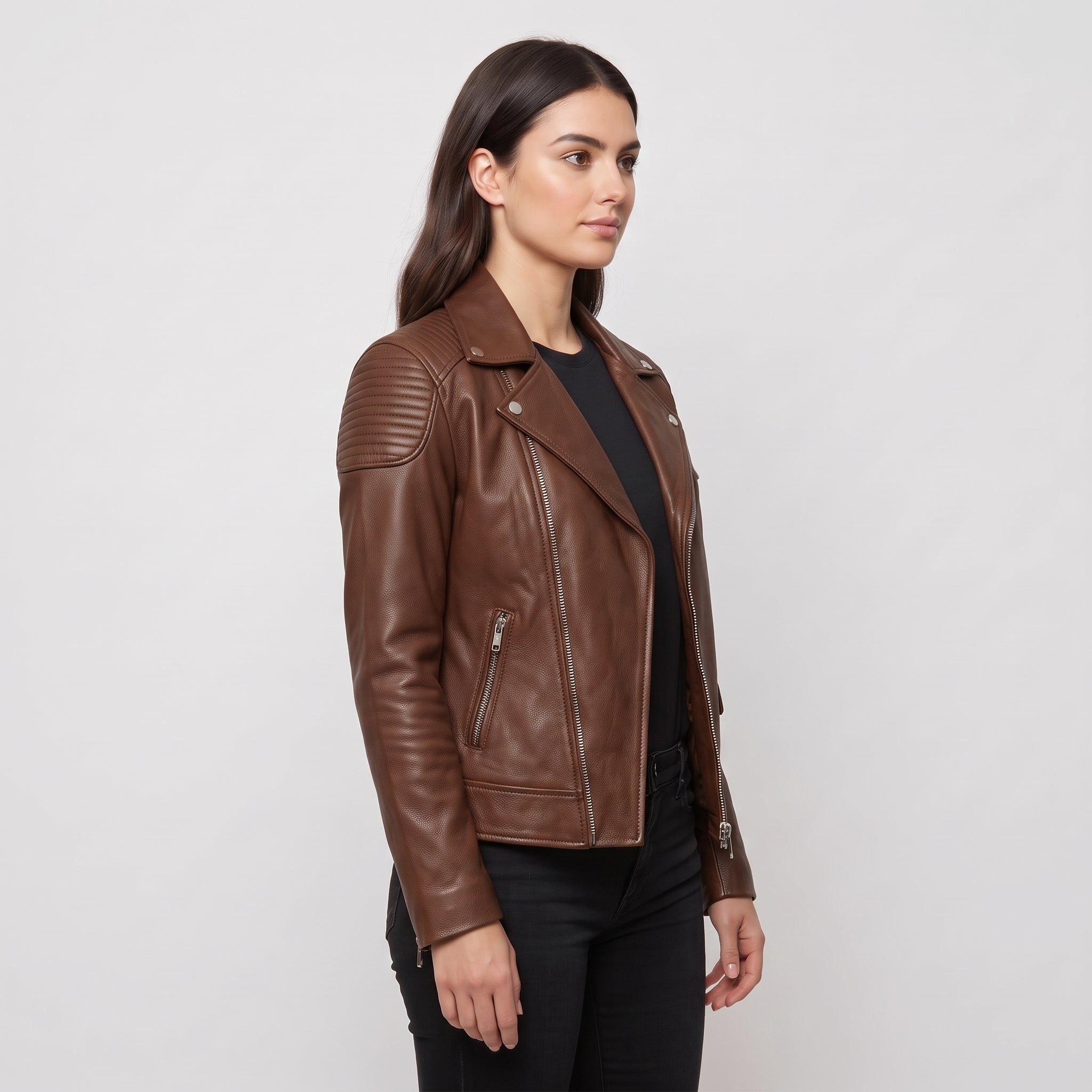 Women's Brown Quilted Leather Perfecto Biker Jacket — Welford