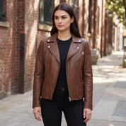 Women's Brown Quilted Leather Perfecto Biker Jacket — Welford