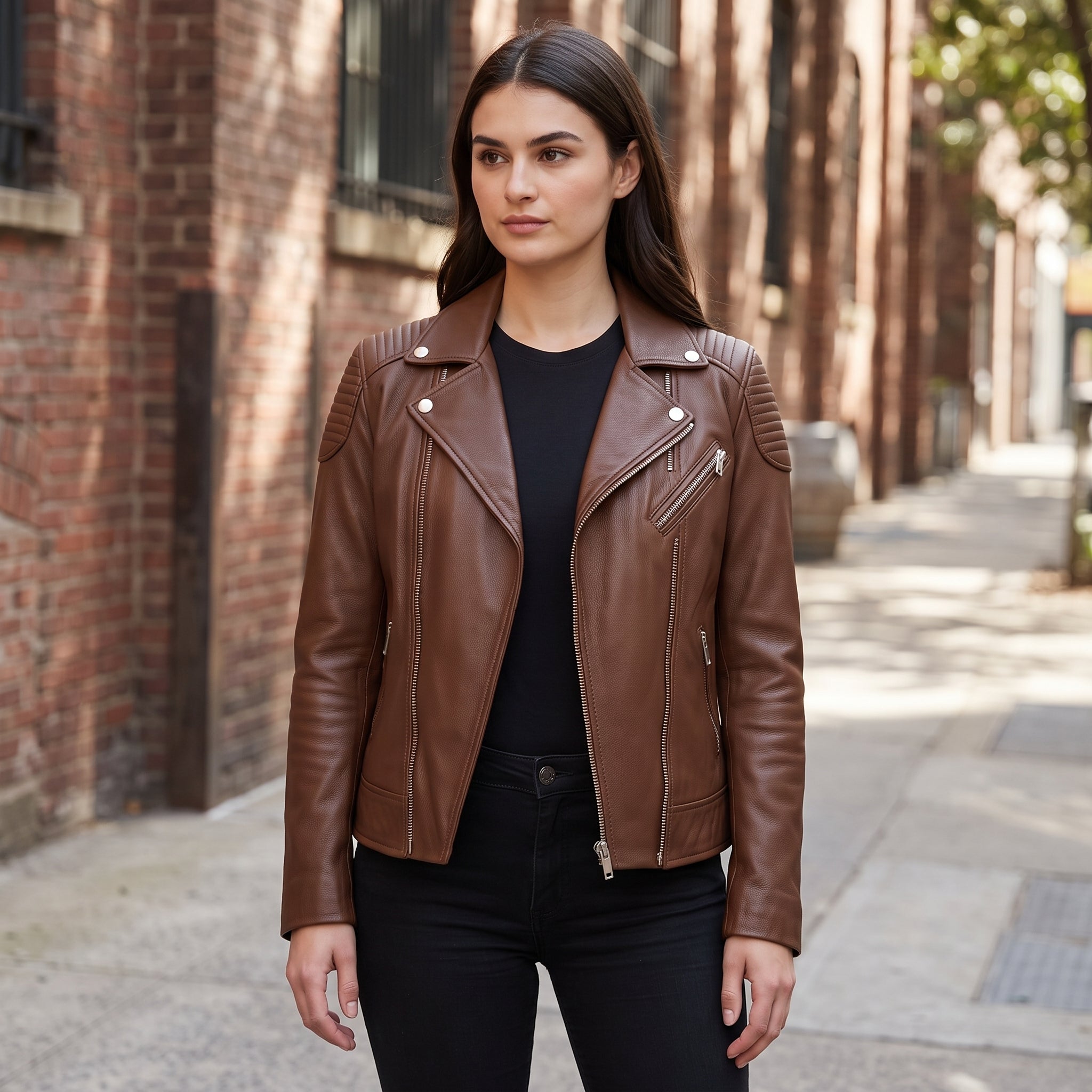 Women's Brown Quilted Leather Perfecto Biker Jacket — Welford