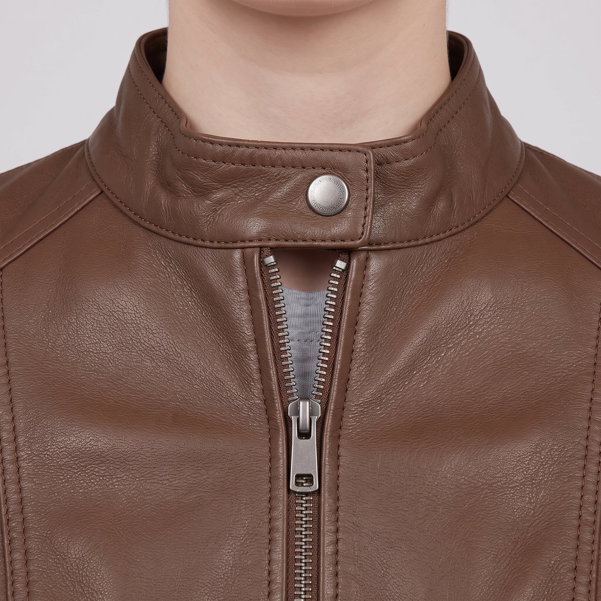 Women's Brown Leather Biker Jacket — Cary