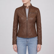 Women's Brown Leather Biker Jacket — Cary