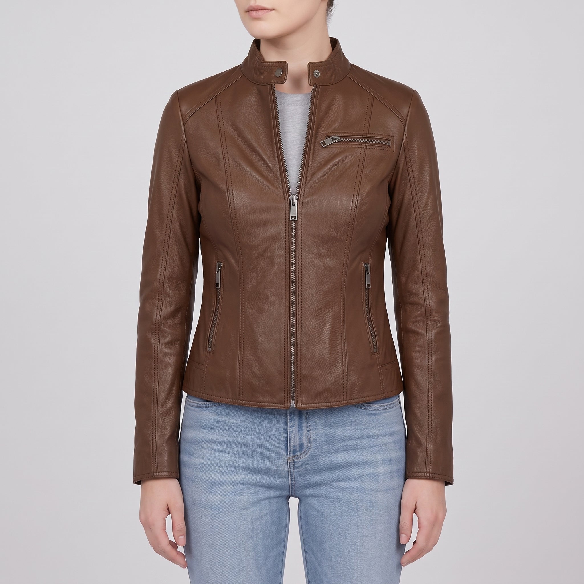 Women's Brown Leather Biker Jacket — Cary