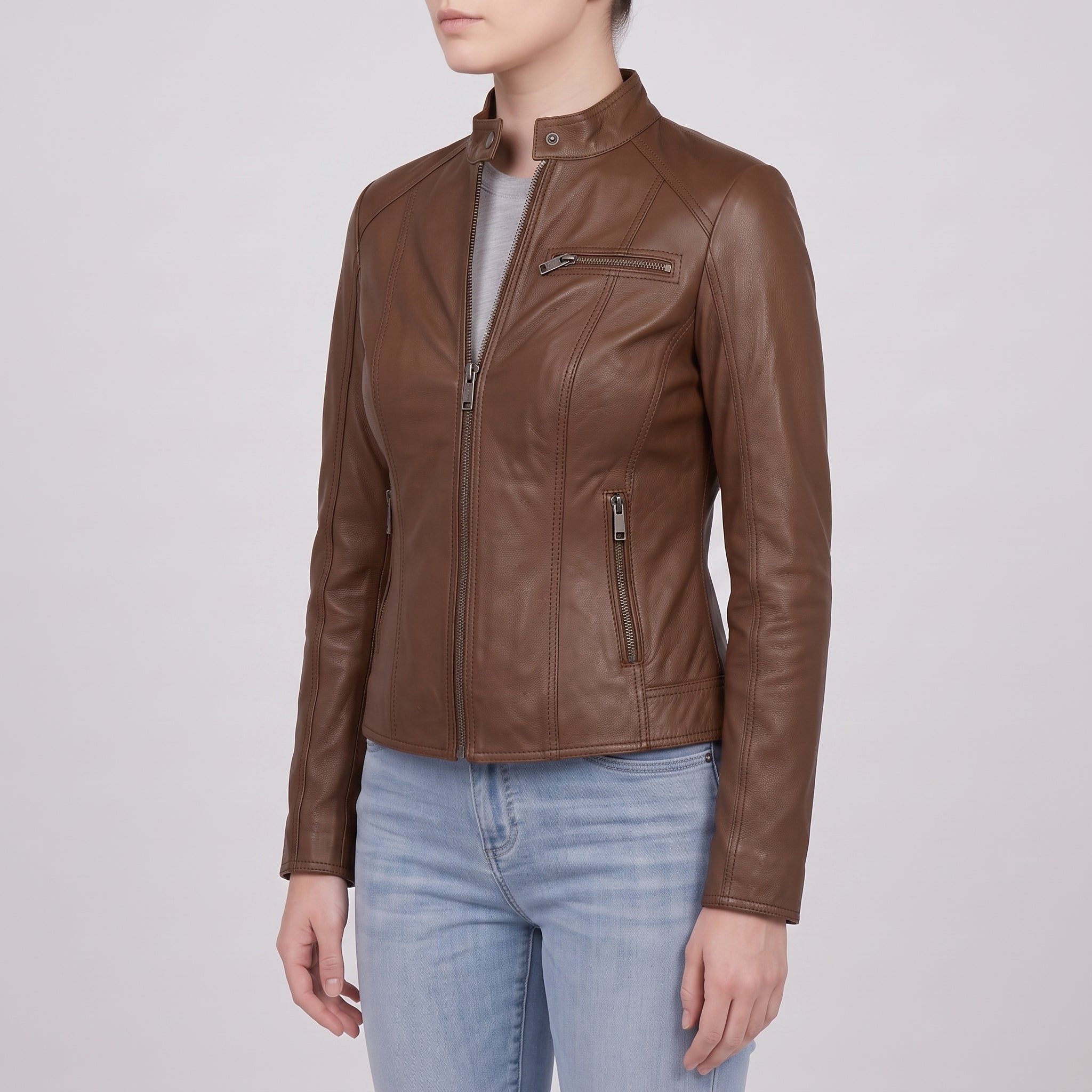 Women's Brown Leather Biker Jacket — Cary