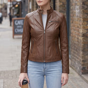 Women's Brown Leather Biker Jacket — Cary