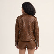 Women's Brown Studded Asymmetrical Leather Biker Jacket — Abberwell