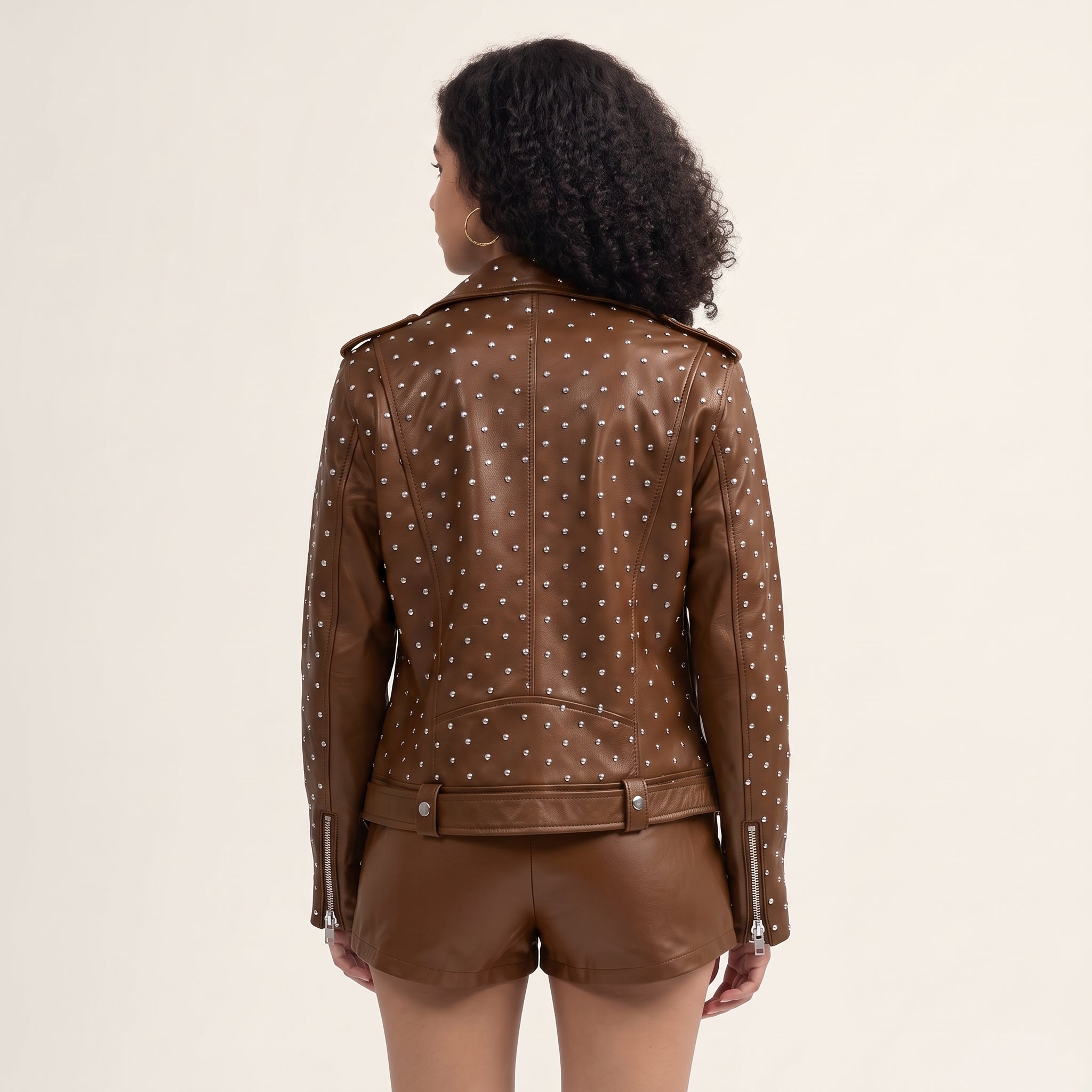 Women's Brown Studded Asymmetrical Leather Biker Jacket — Abberwell