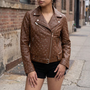 Women's Brown Studded Asymmetrical Leather Biker Jacket — Abberwell