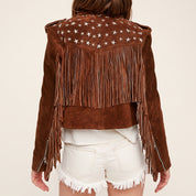 Women's Brown Studded Fringe Suede Biker Jacket — Bellwood
