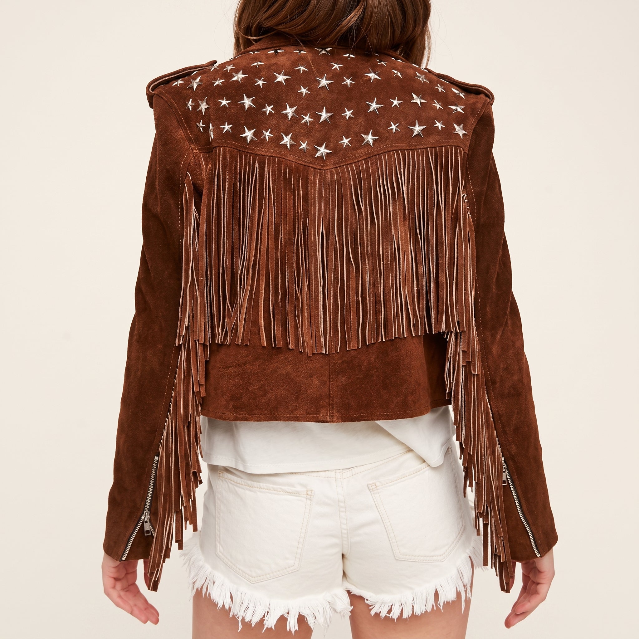 Women's Brown Studded Fringe Suede Biker Jacket — Bellwood