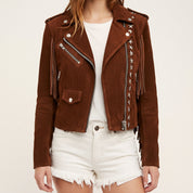 Women's Brown Studded Fringe Suede Biker Jacket — Bellwood