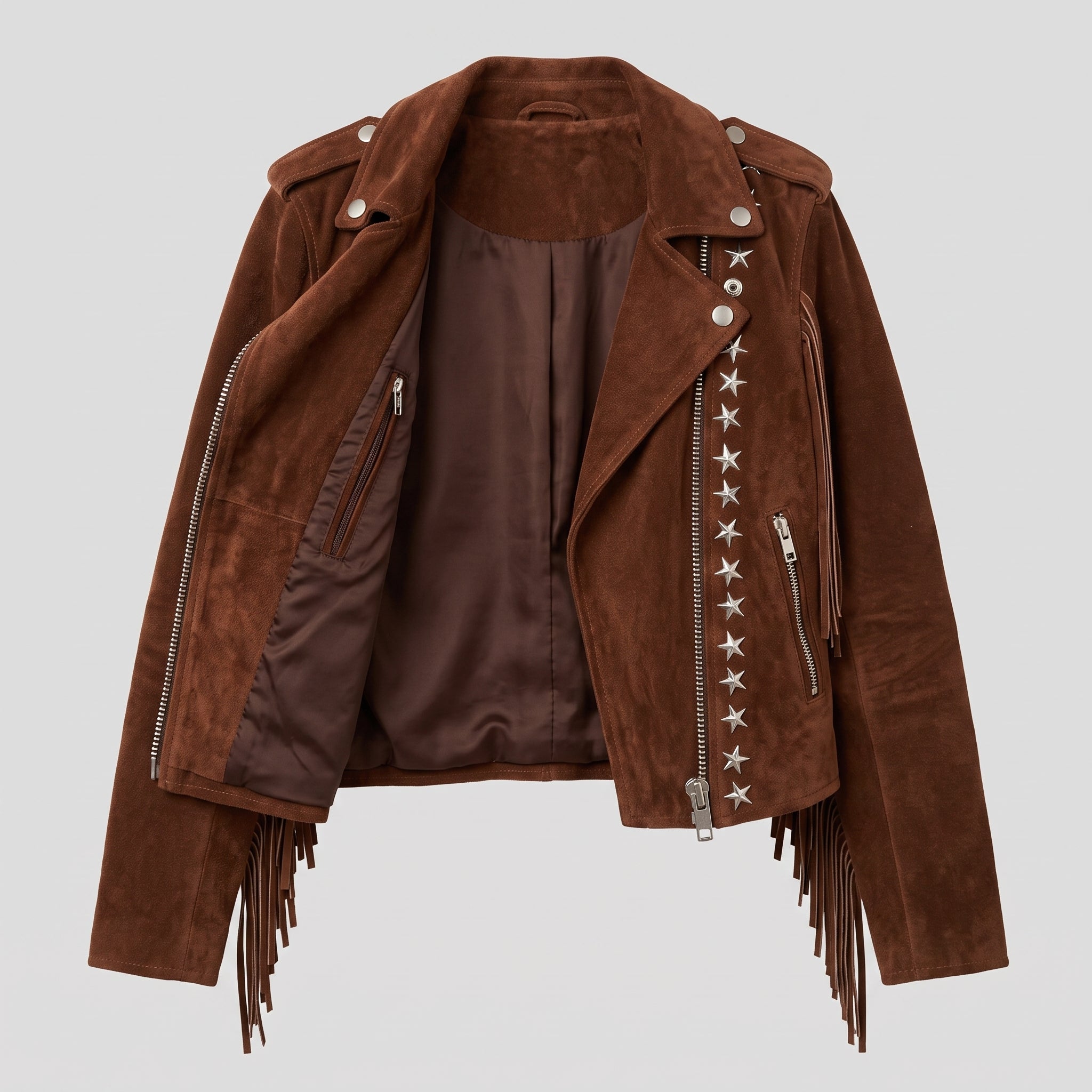 Women's Brown Studded Fringe Suede Biker Jacket — Bellwood
