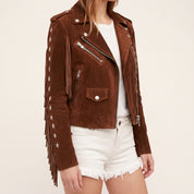 Women's Brown Studded Fringe Suede Biker Jacket — Bellwood