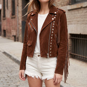 Women's Brown Studded Fringe Suede Biker Jacket — Bellwood