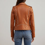 Women's Tan Studded Leather Biker Jacket — Buckland