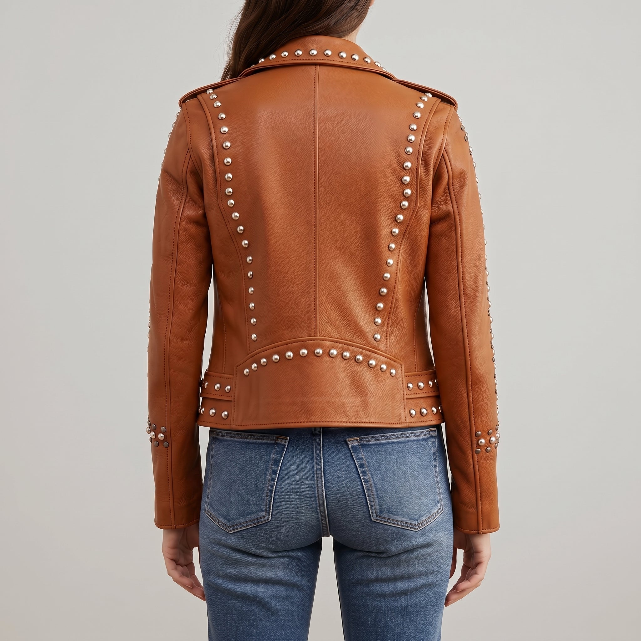 Women's Tan Studded Leather Biker Jacket — Buckland