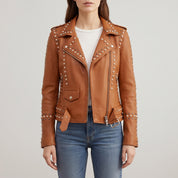 Women's Tan Studded Leather Biker Jacket — Buckland