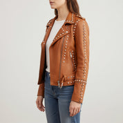 Women's Tan Studded Leather Biker Jacket — Buckland