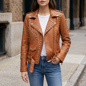 Women's Tan Studded Leather Biker Jacket — Buckland