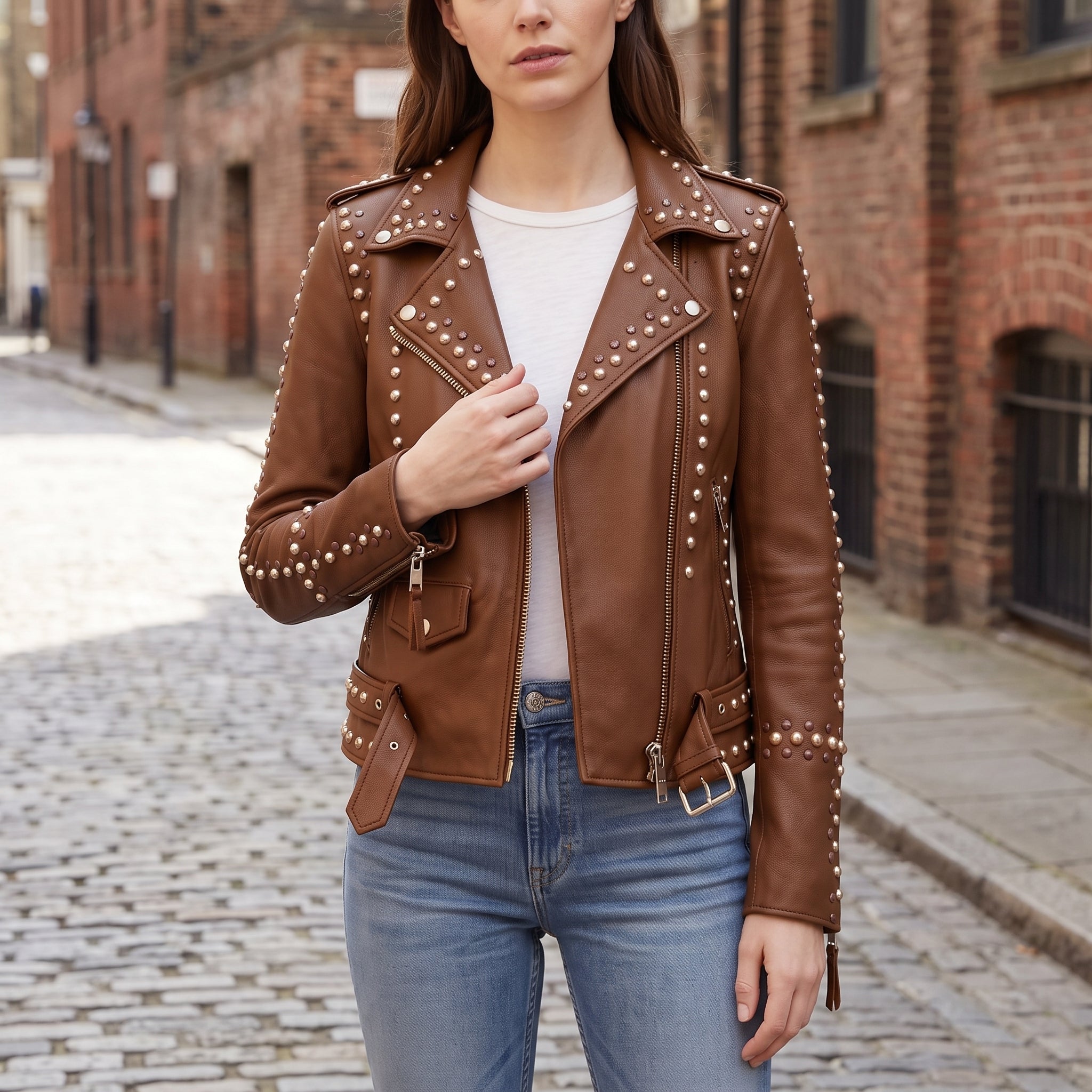 Women's Brown Studded Leather Biker Jacket — Buckland