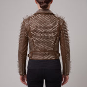 Women's Brown Studded Leather Biker Jacket — Derrington