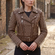 Women's Brown Studded Leather Biker Jacket — Derrington