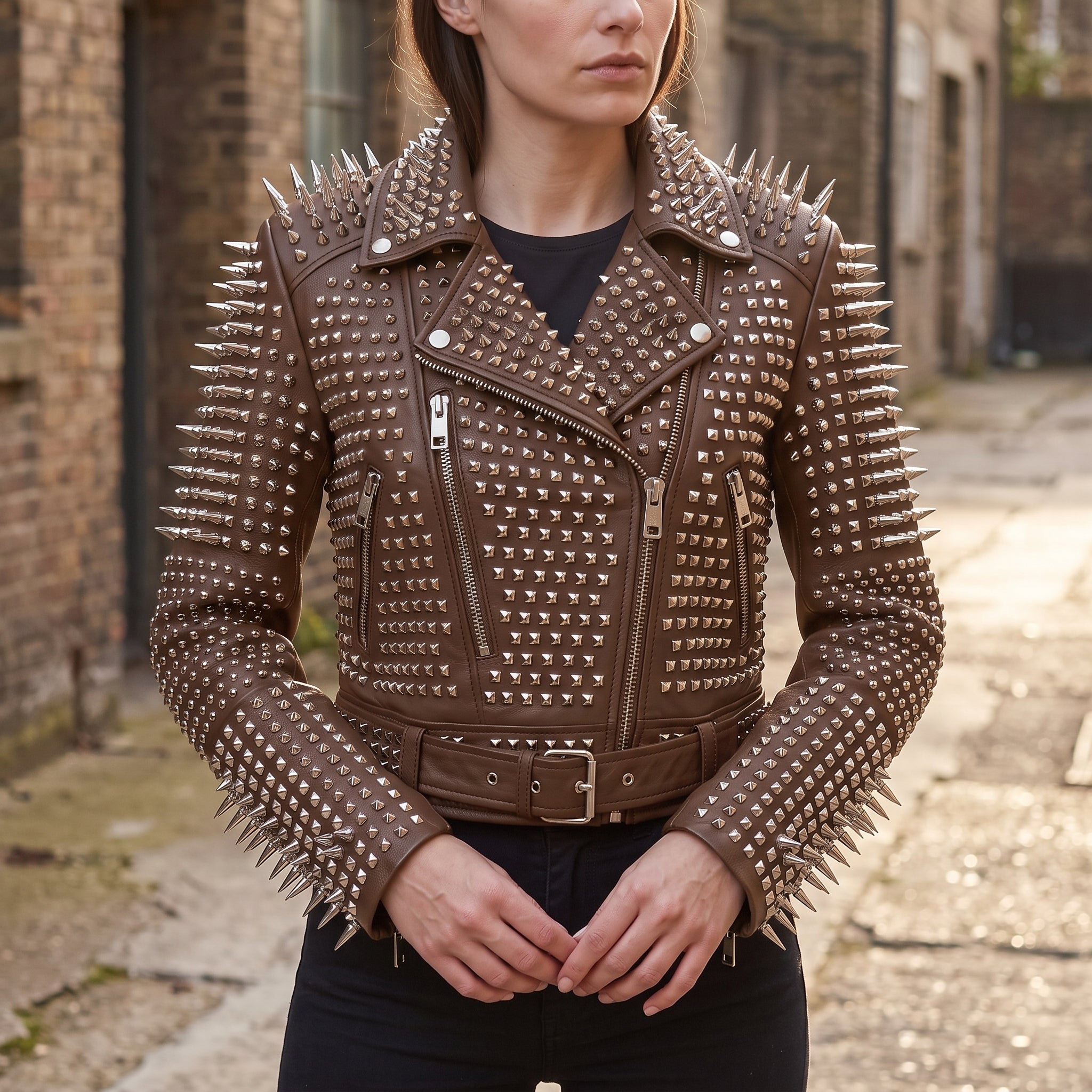 Women's Brown Studded Leather Biker Jacket — Derrington