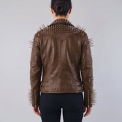 Women's Brown Studded Leather Biker Jacket — Eastgate