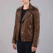 Women's Brown Studded Leather Biker Jacket — Eastgate