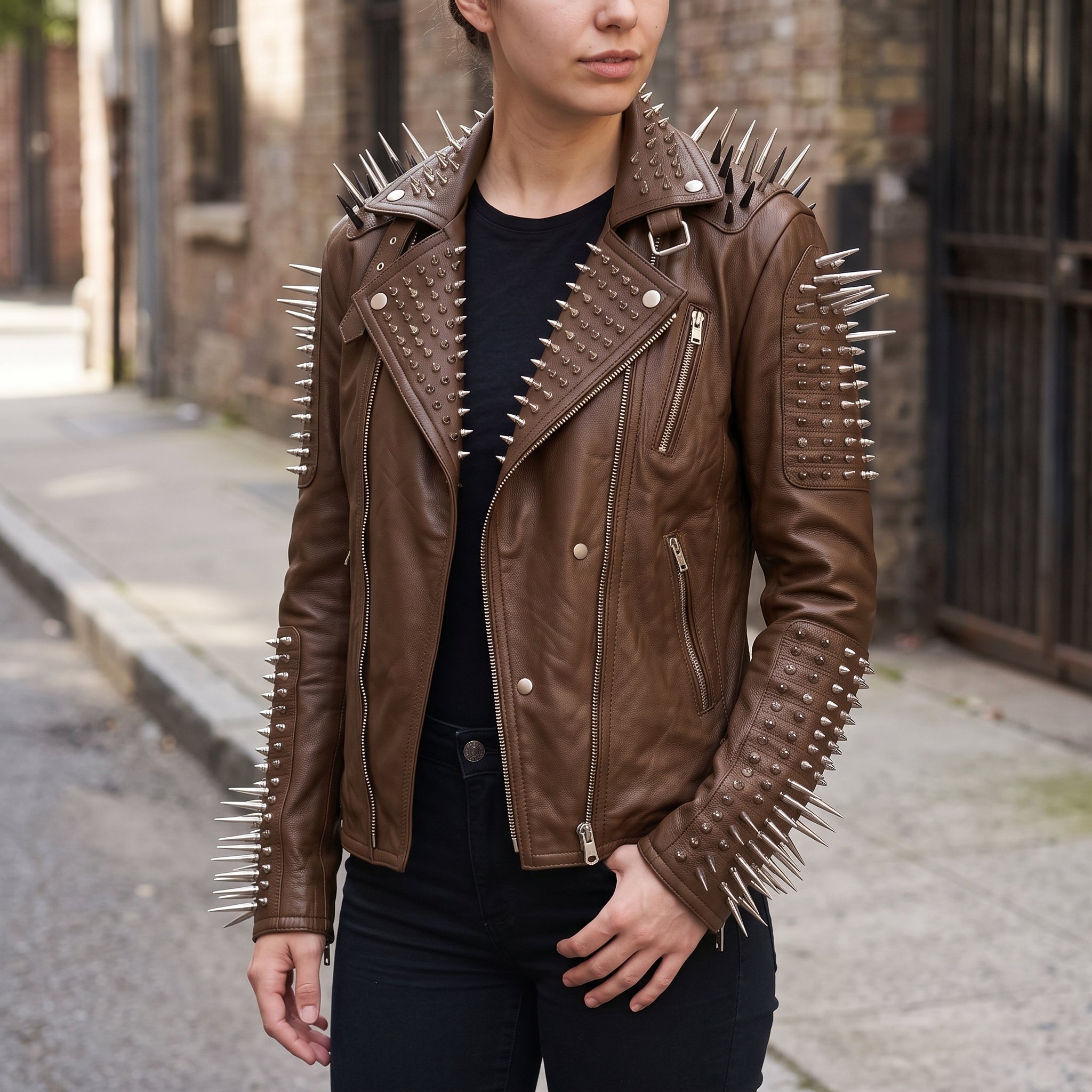 Women's Brown Studded Leather Biker Jacket — Eastgate