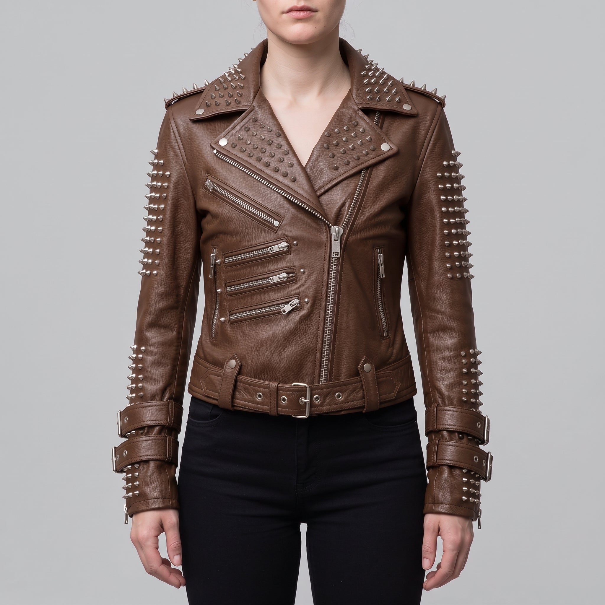 Women's Brown Studded Leather Biker Jacket — Fritton