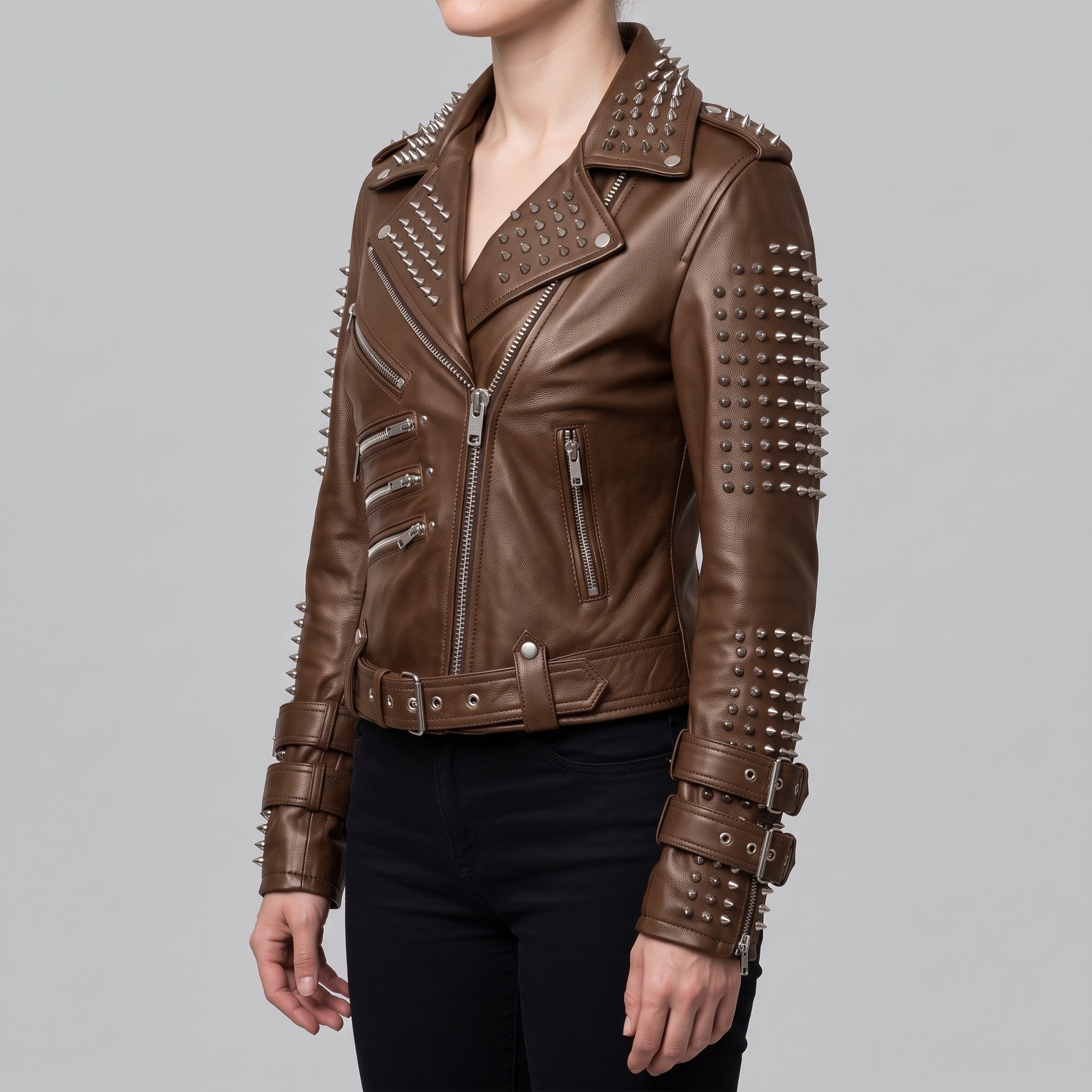 Women's Brown Studded Leather Biker Jacket — Fritton
