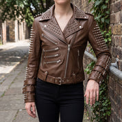 Women's Brown Studded Leather Biker Jacket — Fritton