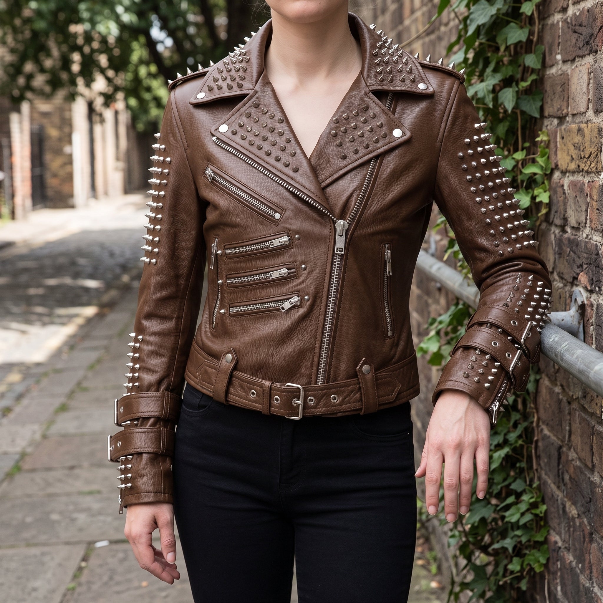Women's Brown Studded Leather Biker Jacket — Fritton