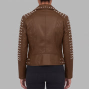Women's Brown Studded Leather Biker Jacket — Hammersley