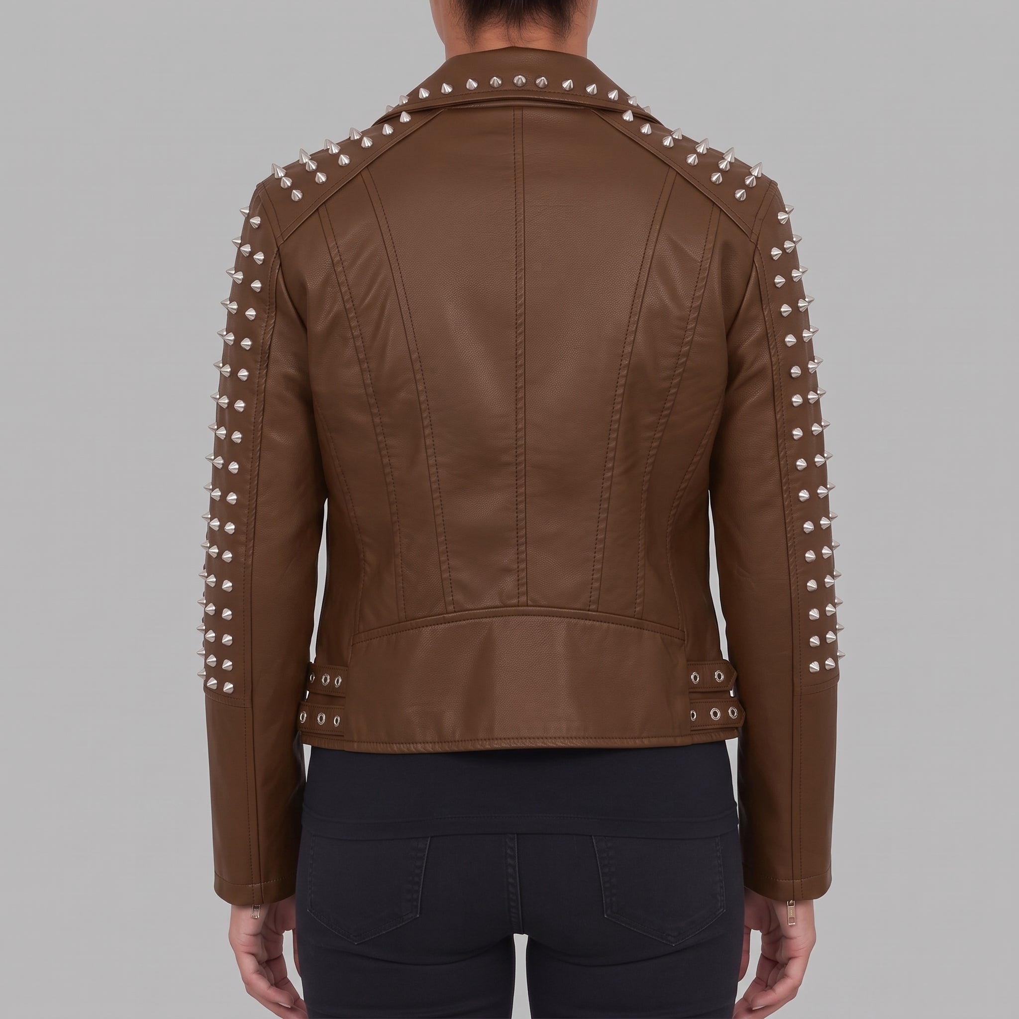 Women's Brown Studded Leather Biker Jacket — Hammersley