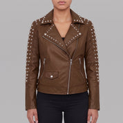 Women's Brown Studded Leather Biker Jacket — Hammersley