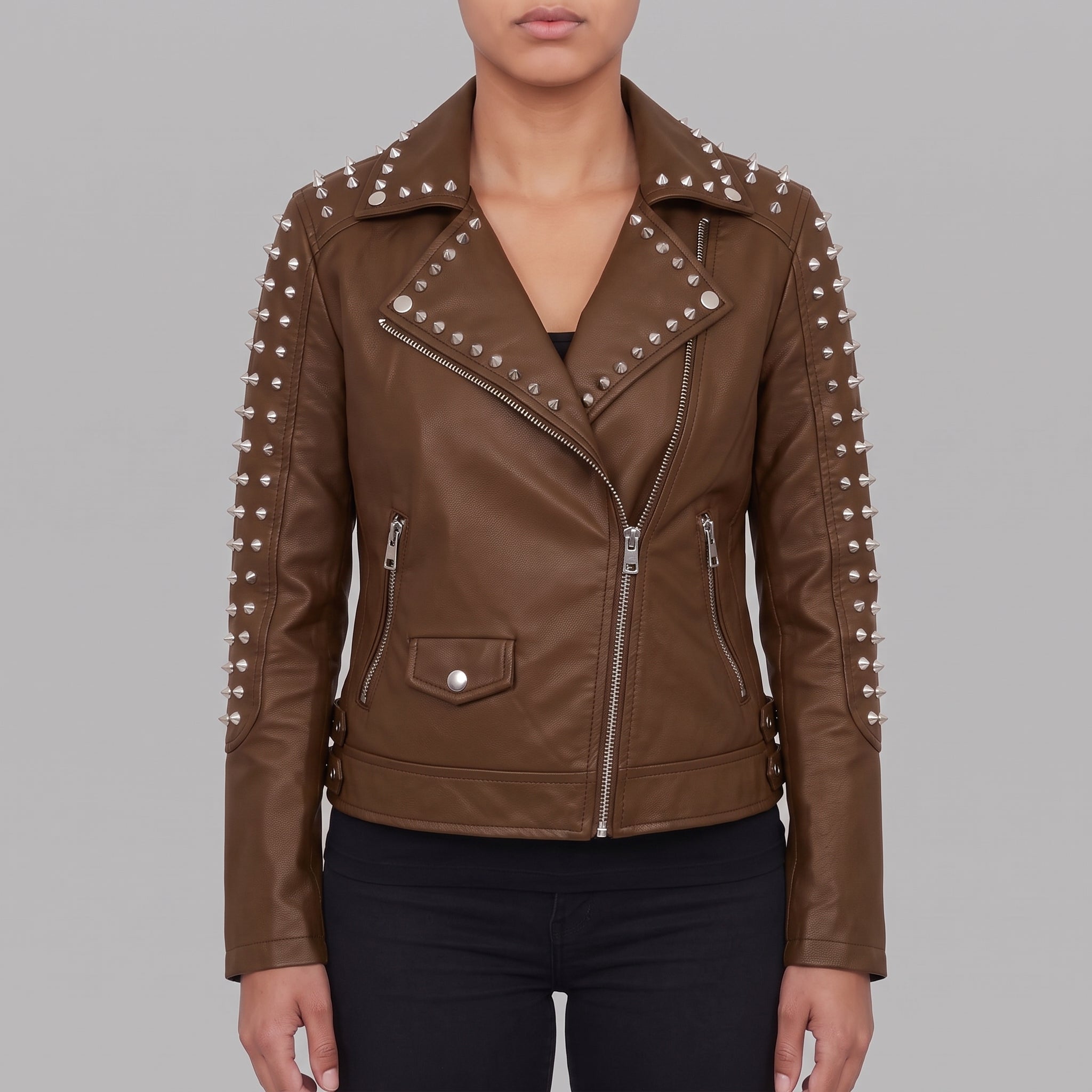 Women's Brown Studded Leather Biker Jacket — Hammersley