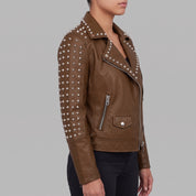 Women's Brown Studded Leather Biker Jacket — Hammersley
