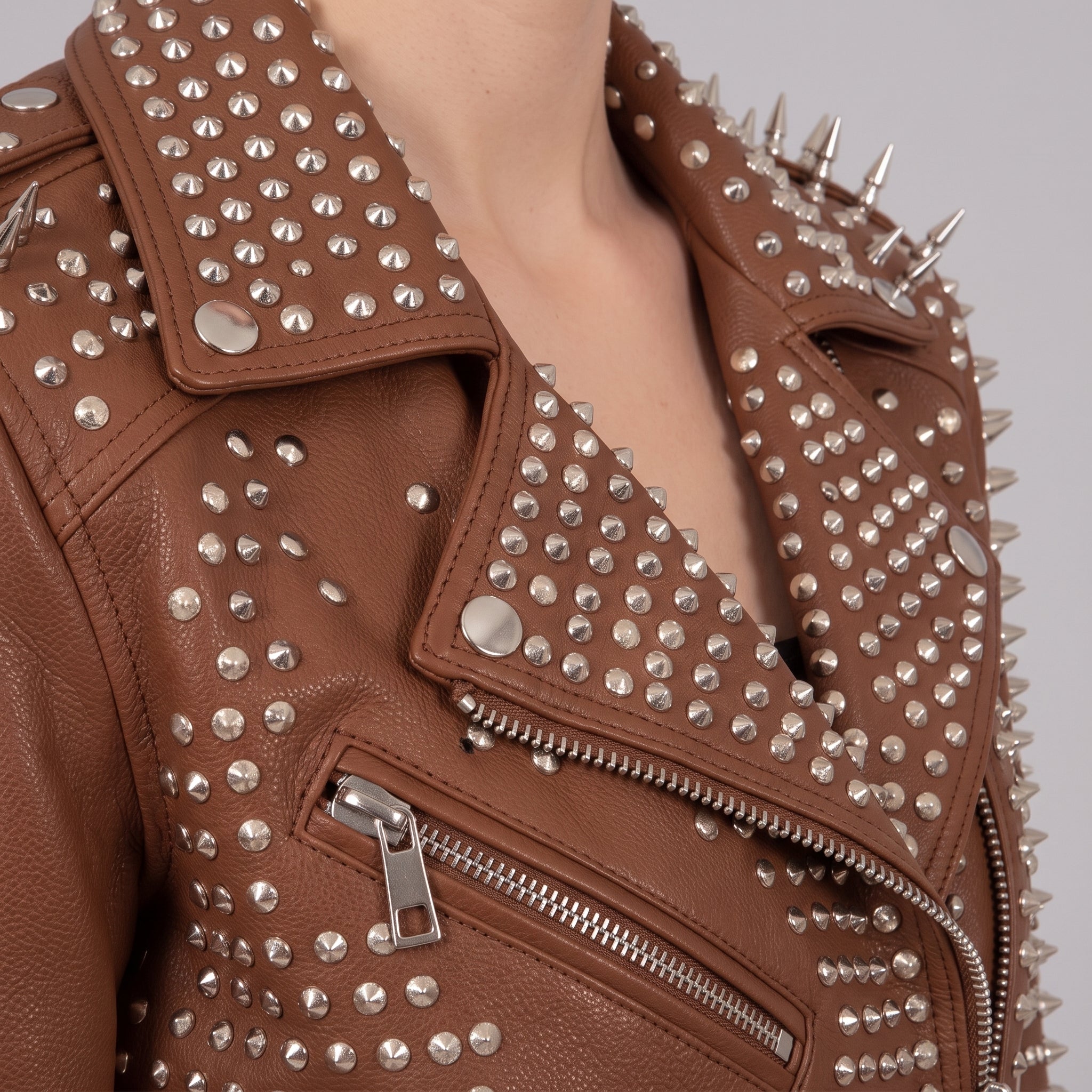 Women's Brown Studded Leather Biker Jacket — Holden
