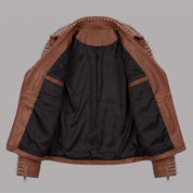 Women's Brown Studded Leather Biker Jacket — Holden