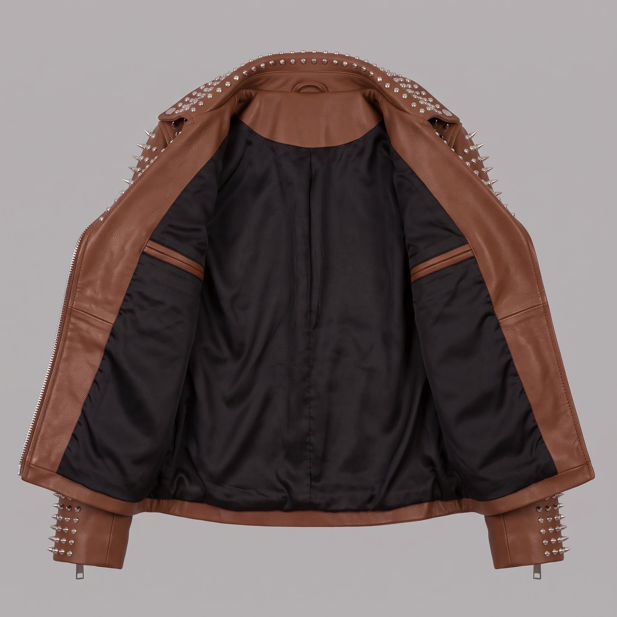 Women's Brown Studded Leather Biker Jacket — Holden